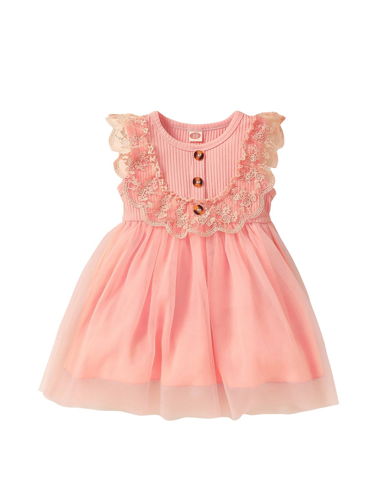 Canrulo Toddler Baby Girl Summer Dress Lace Ruffle Solid Color Tulle Princess Party Dresses Sundress Pink 3-4 Years