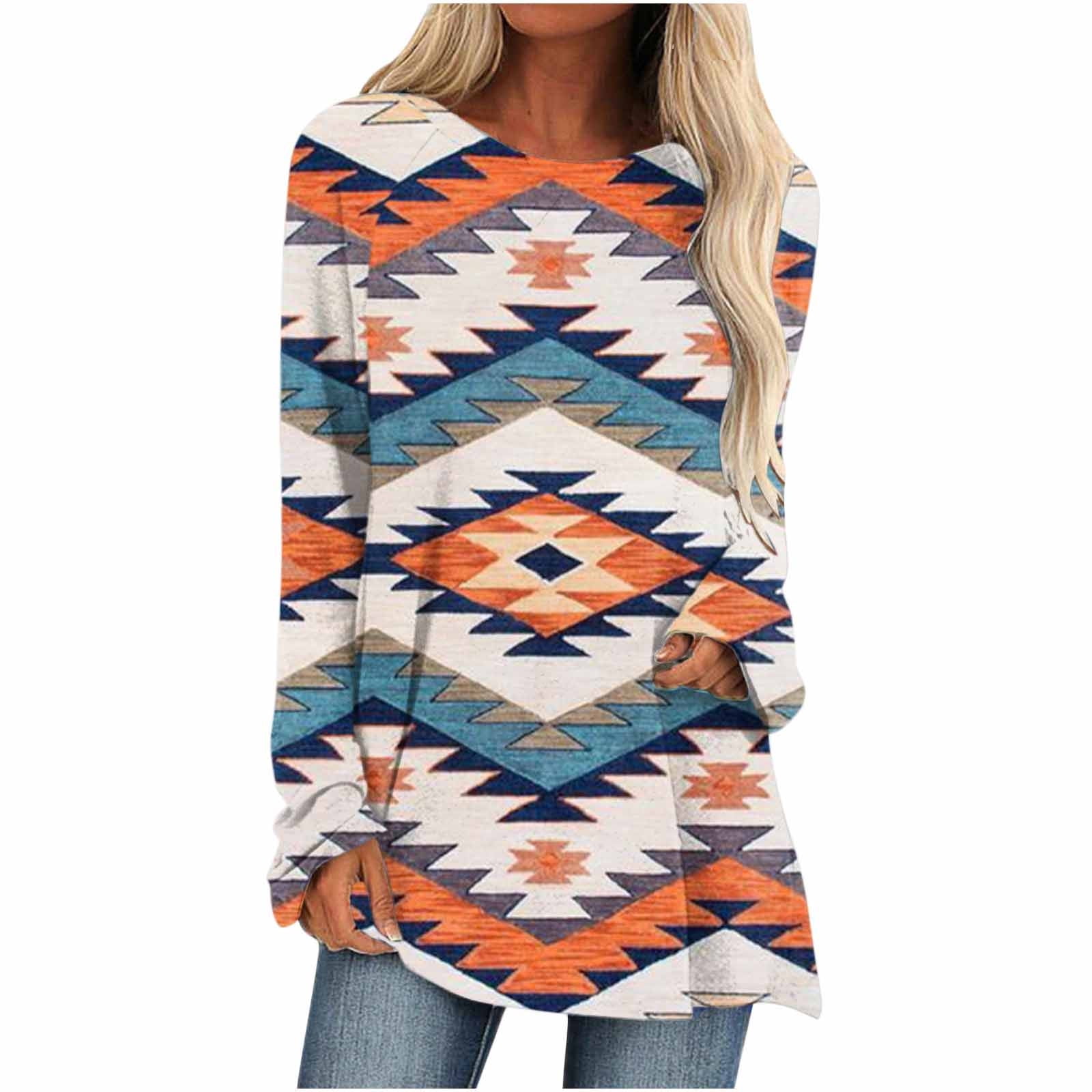 Christmas Deals Women Aztec Shirts Geometric Lightweight Sweatshirts Vintage Long Sleeve Ethnic Western Graphic Swing Long Tee Top on Clearance