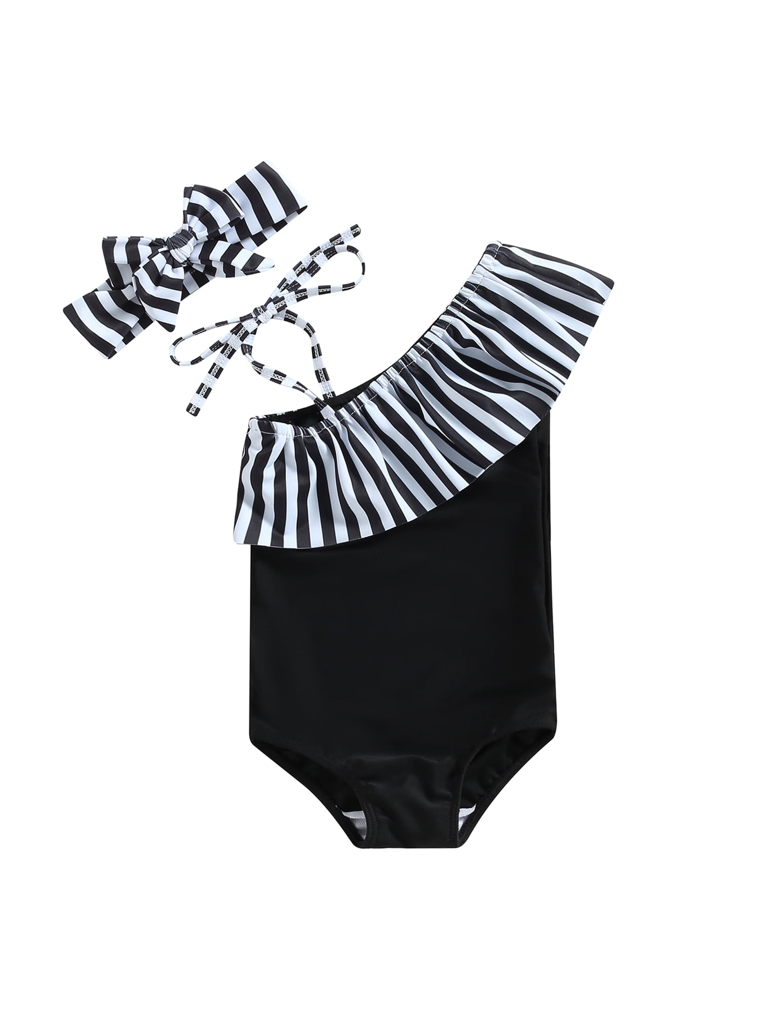 Toddler Baby Girl Swimsuit One Piece Bikini One Shoulder Ruffle Swimwear Stripe Bathing Suit Headband Beach Outfits